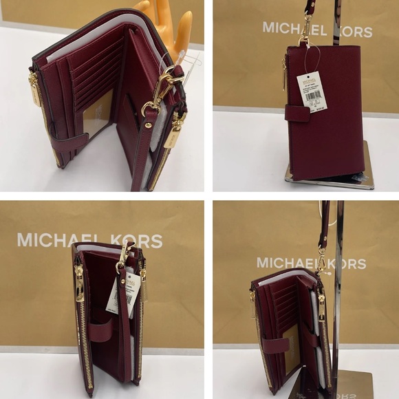 MICHAEL KORS LG DOUBLE ZIP WRISTLET MERLOT DARK CHERRY MULBERRY PHONE CASE NWT - Picture 14 of 16